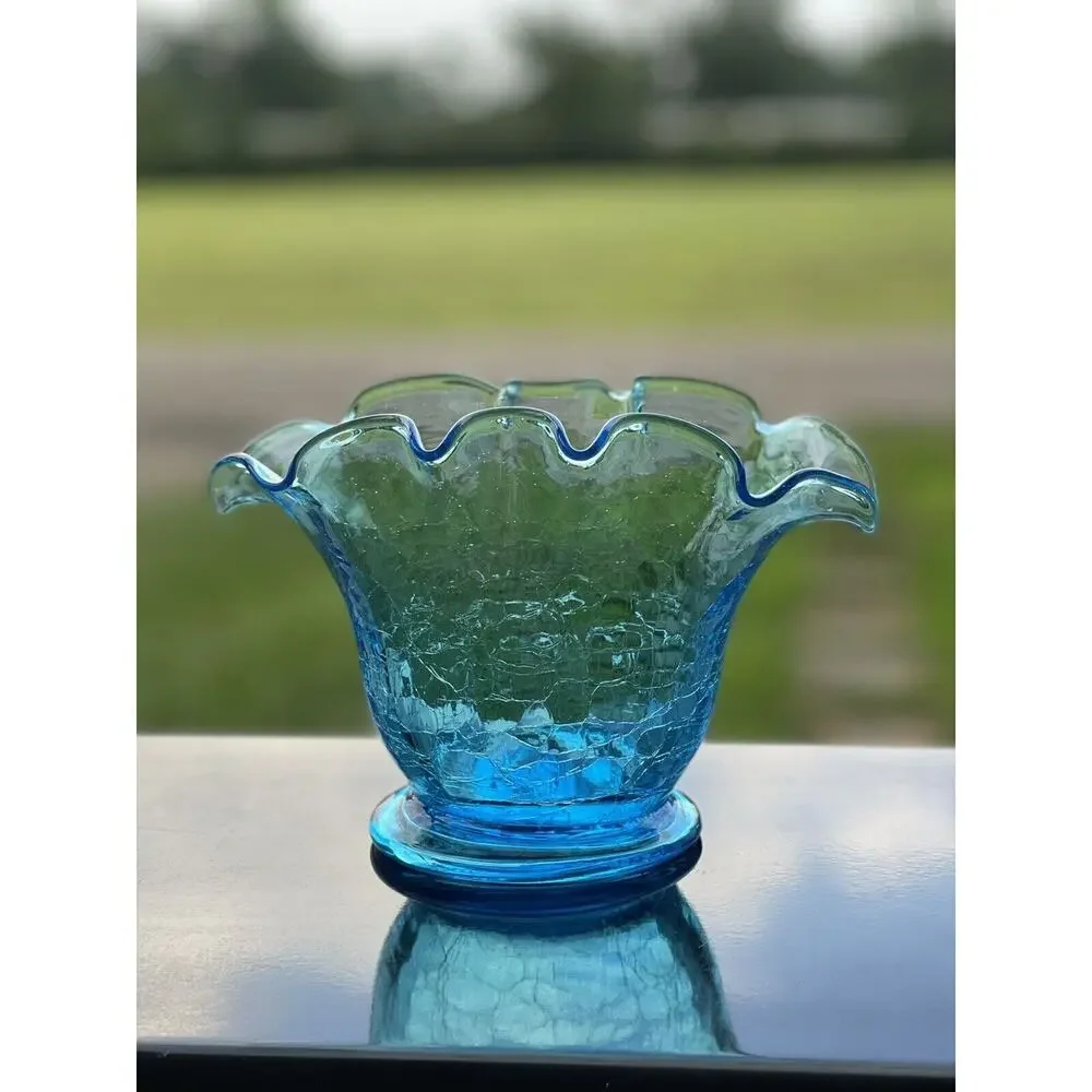 Vintage Bischoff Crackle‎ Ruffled Blown Glass Bowl Vase Blue MCM 5.5